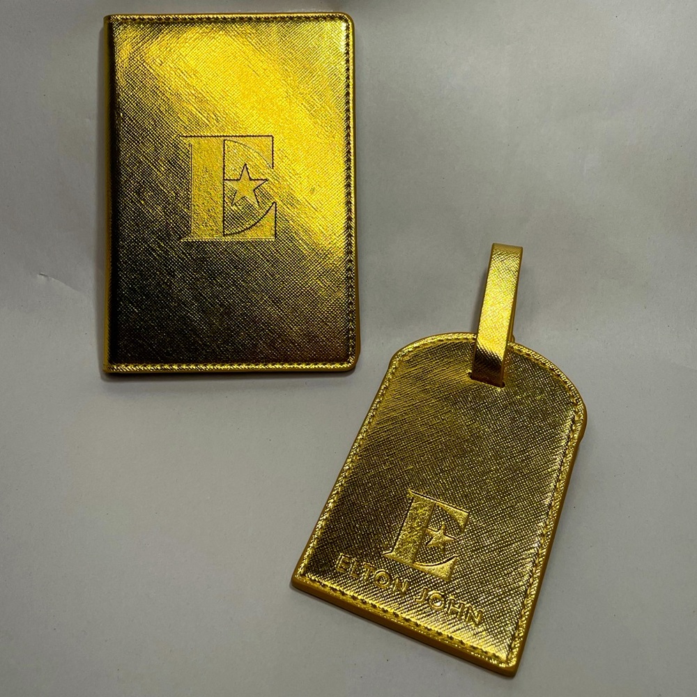 NWOT Gold Elton John Farewell Tour Passport Wallet & Luggage Tag Set